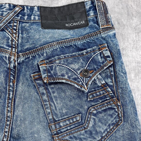 Rocawear Shorts Men 30W/31Wx13LBlue Acidwash Crease Hip Hop Y2K Button Flap - Picture 10 of 11